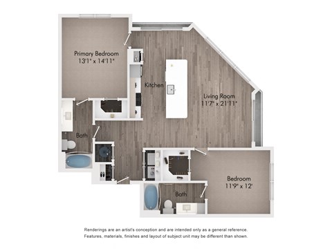 Floor plan for 2 beds, 2 baths, 1117 sqft